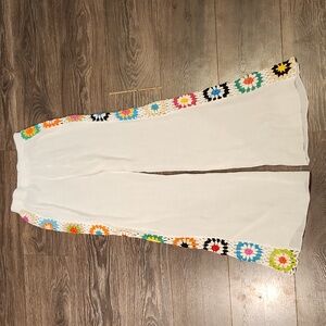 ❤️ ELAN CROCHET LACE PANEL HIGH RISE WIDE LEG GAUZY COVER-UP PANTS, MEDIUM